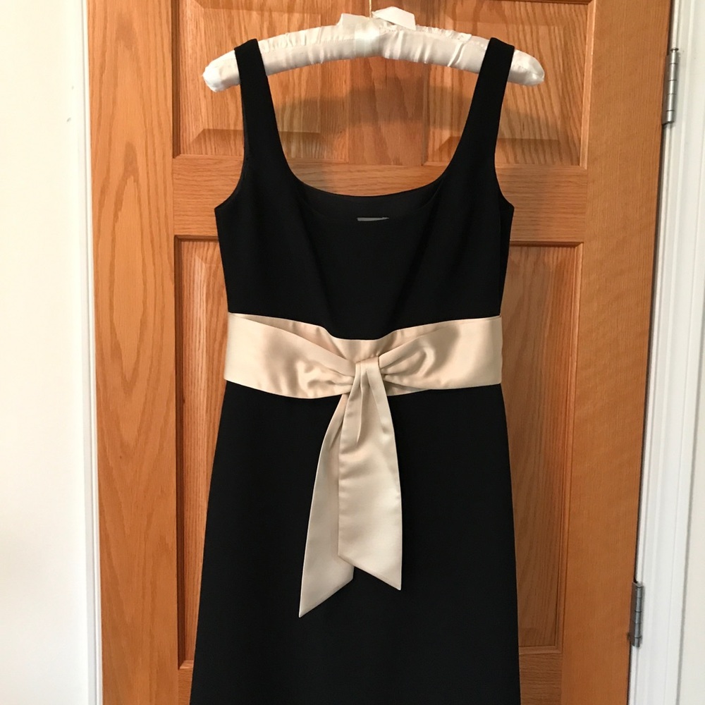 Little black dress with a champagne satin accent above waste from Ann Taylor.